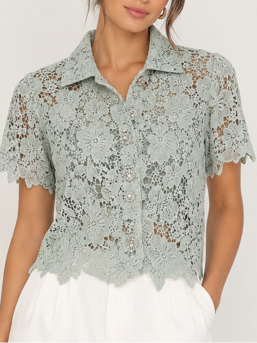 Ina Sage Green Floral Lace Button-Front Shirt